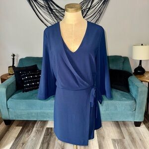 Halston Heritage Wrap Tie Front Mini Dress Belted V Neck 3/4 Sleeve Navy Blue